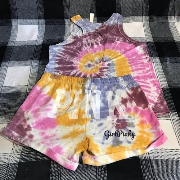 victoria secrets PINK shorts outfit IN TIE DYE & MATCHING LOGO TANK SIZE LARGE - Picture 7 of 7